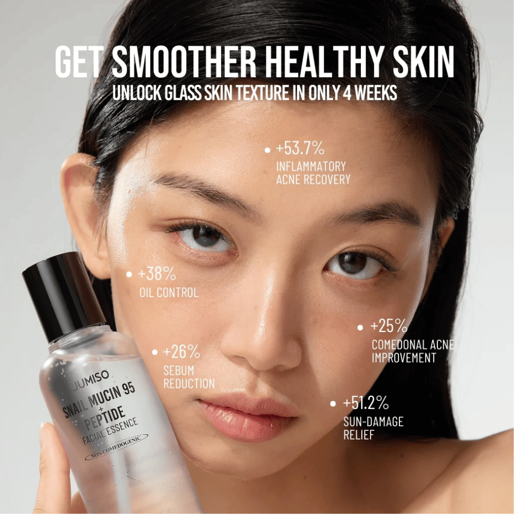 Ženska z enakomernim tonom kože drži Jumiso Snail Mucin 95 + Peptide Facial Essence. Besedilo prikazuje izboljšave, kot so zmanjšanje aken, manjša mastnost in boljše okrevanje kože.