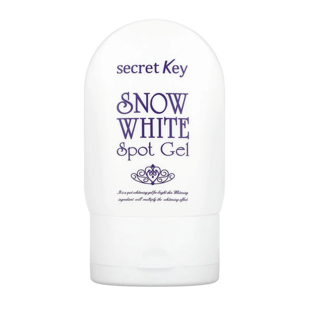 Slika izdelka Secret Key Snow White Spot Gel v beli embalaži z vijoličnim besedilom.