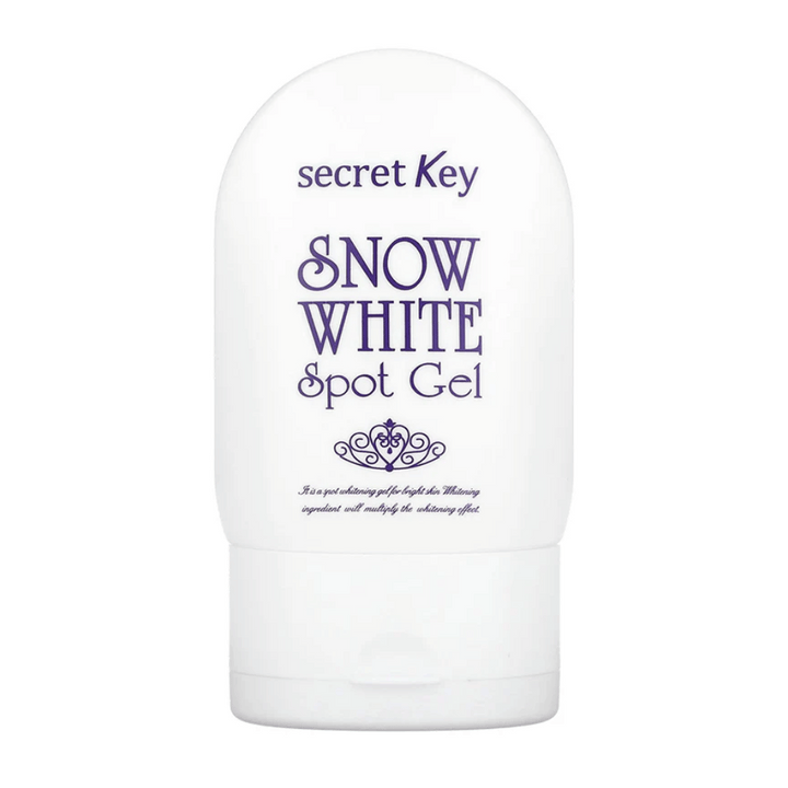 Slika izdelka Secret Key Snow White Spot Gel v beli embalaži z vijoličnim besedilom.
