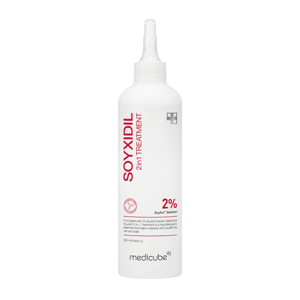 Slika izdelka Medicube Soyxidil 2in1 Treatment v beli steklenici z rdečim besedilom. Vsebuje 2% SoyAct™ Solution za krepitev las in lasišča.