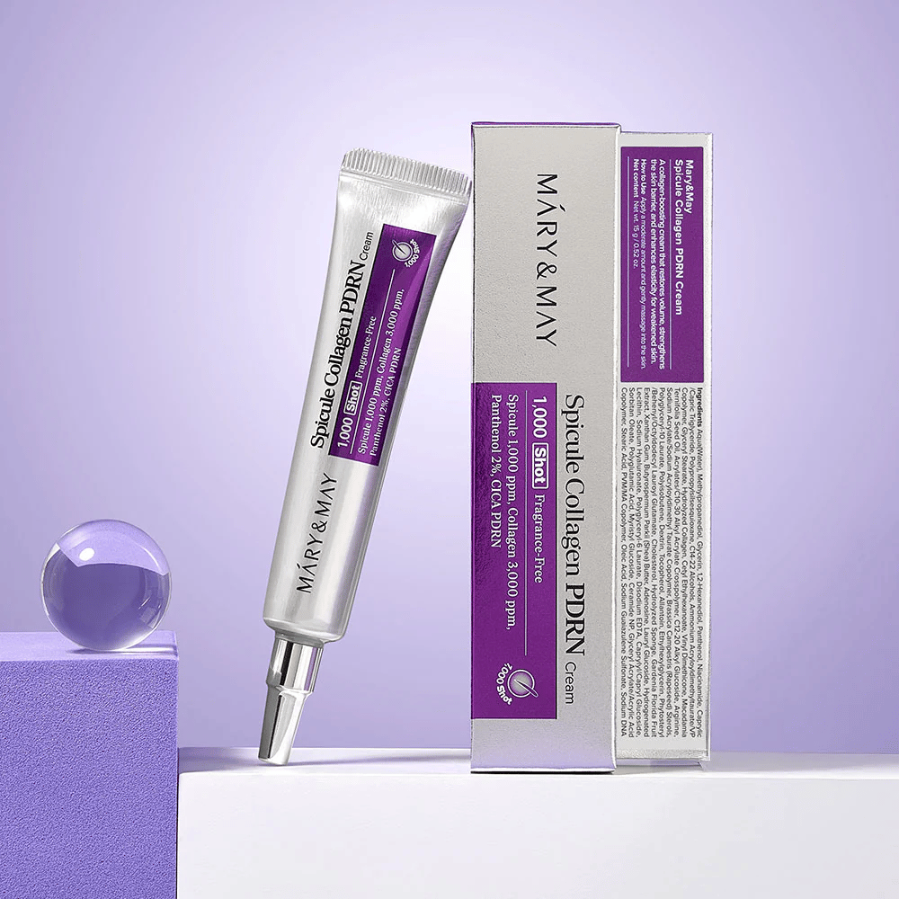 Mary & May Spicule Collagen PDRN Cream poleg originalne embalaže, regenerativna krema za obraz s kolagenom, PDRN in spikulami.