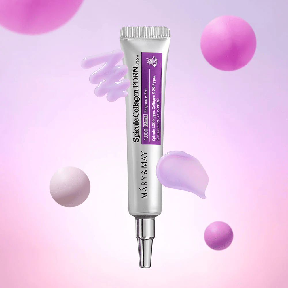 Mary & May Spicule Collagen PDRN Cream s teksturo kreme, napredna korejska nega kože, ki spodbuja obnovo celic in zagotavlja bolj čvrsto kožo.