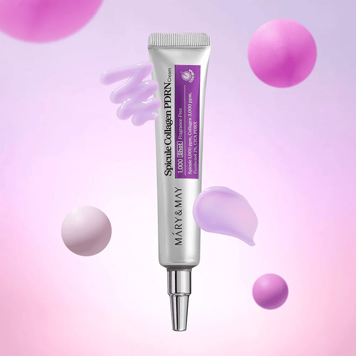 Mary & May Spicule Collagen PDRN Cream s teksturo kreme, napredna korejska nega kože, ki spodbuja obnovo celic in zagotavlja bolj čvrsto kožo.