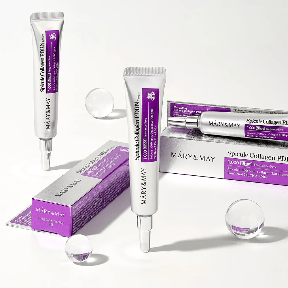 Mary & May Spicule Collagen PDRN Cream v tubi z embalažo, korejska nega kože s spikulami, kolagenom in PDRN za obnovo kože in izboljšano elastičnost.