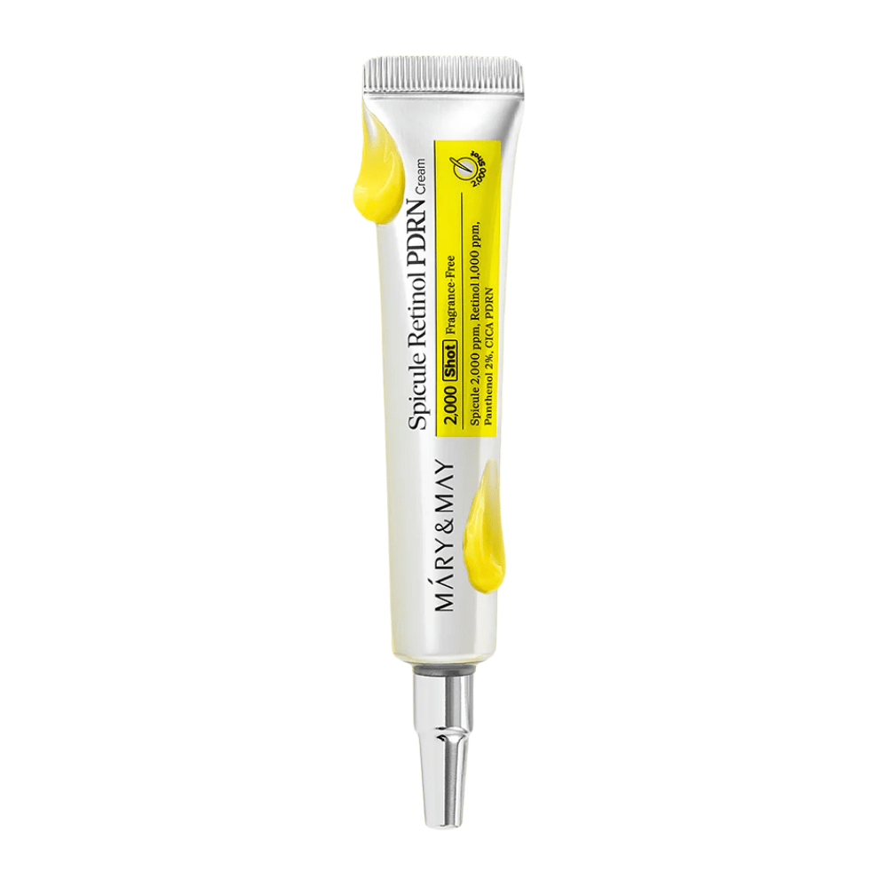 Slika izdelka MARY & MAY Spicule Retinol PDRN Cream v tubi na beli podlagi, aktivna krema za obraz z retinolom in PDRN, primerna za zrelo in neenakomerno kožo.