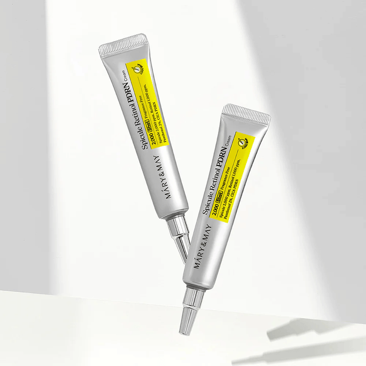 Dve tubi MARY & MAY Spicule Retinol PDRN Cream na svetli podlagi, intenzivna nočna krema s spikulo in retinolom za obnovo kože in izboljšano teksturo kože.