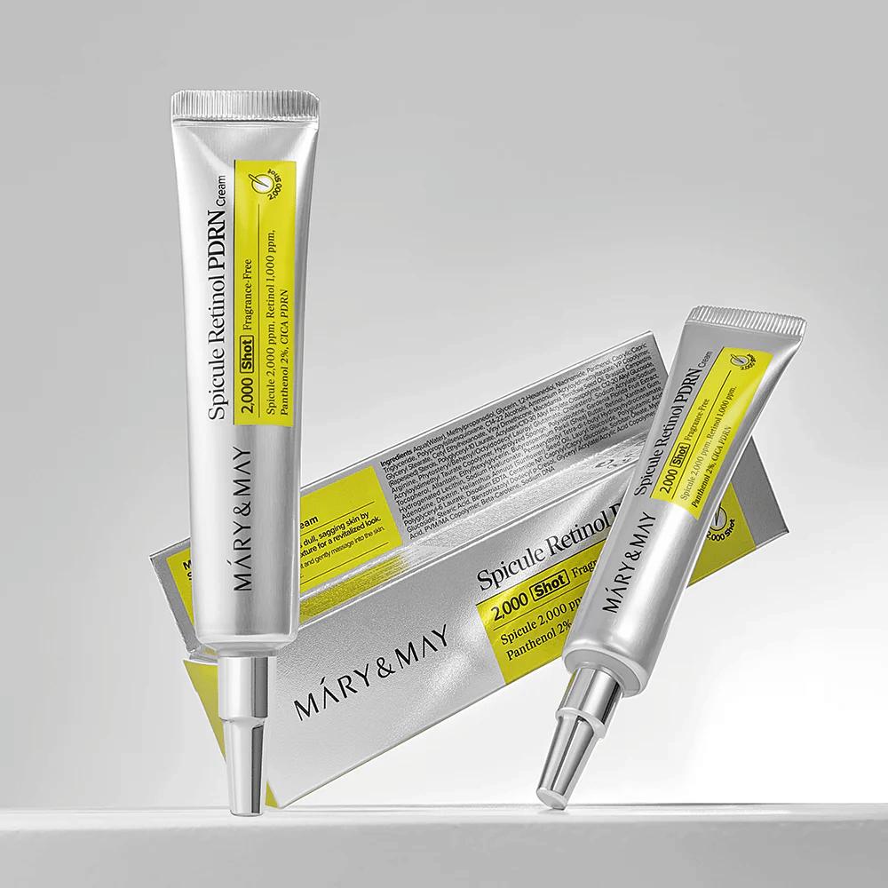 MARY & MAY Spicule Retinol PDRN Cream v tubi skupaj z originalno embalažo, korejska krema za obraz z retinolom in PDRN, ki podpira regeneracijo kože.