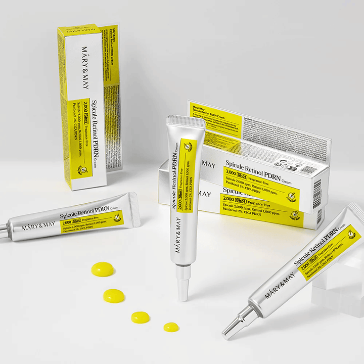 MARY & MAY Spicule Retinol PDRN Cream z več tubami in vidno teksturo kreme, zasnovana za spodbujanje obnove celic, izboljšanje elastičnosti in enakomernejši ton kože.