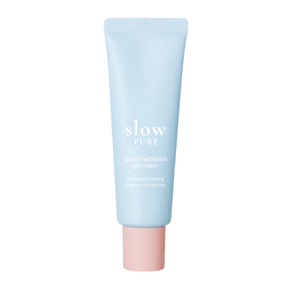 Slow Pure Splash Hydration Gel Cream v modri tubi z roza pokrovčkom, vlažilna gel krema s hialuronsko kislino in ektoinom.