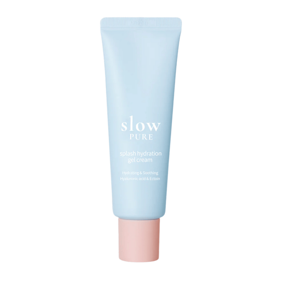 Slow Pure Splash Hydration Gel Cream v modri tubi z roza pokrovčkom, vlažilna gel krema s hialuronsko kislino in ektoinom.