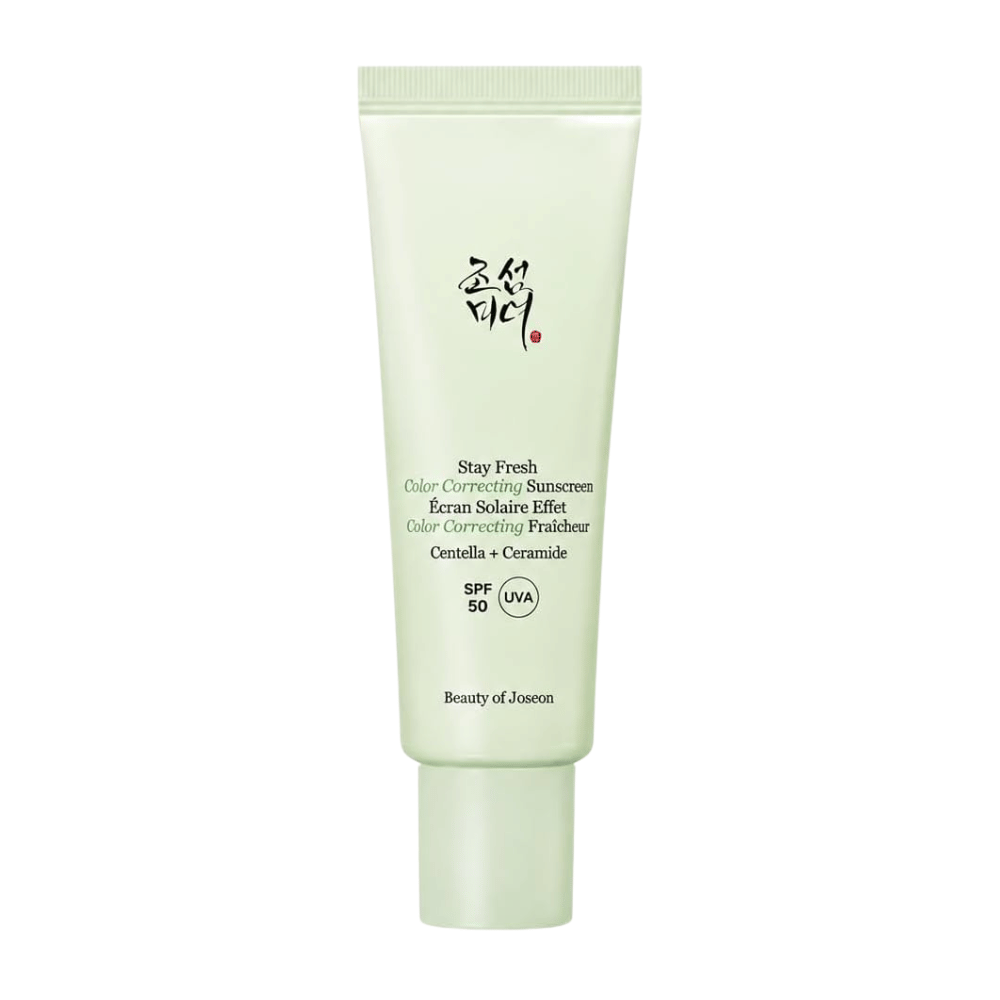 5. Beauty of Joseon Stay Fresh Color Correcting Sunscreen SPF 50 – zelena barvno-korektivna krema za sončenje na belem ozadju