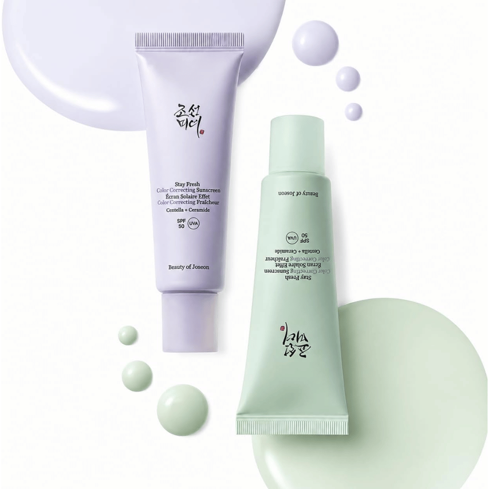 3. Beauty of Joseon Stay Fresh Color Correcting Sunscreen SPF 50 – zelena in vijolična krema za sončenje z barvnimi vzorci