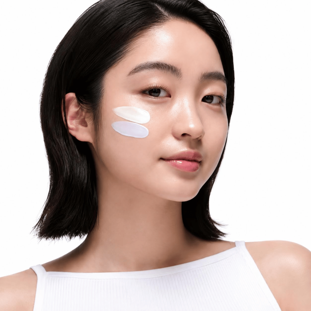 2. Beauty of Joseon Stay Fresh Color Correcting Sunscreen SPF 50 – model z zeleno in vijolično barvno-korektivno kremo za sončenje na licu