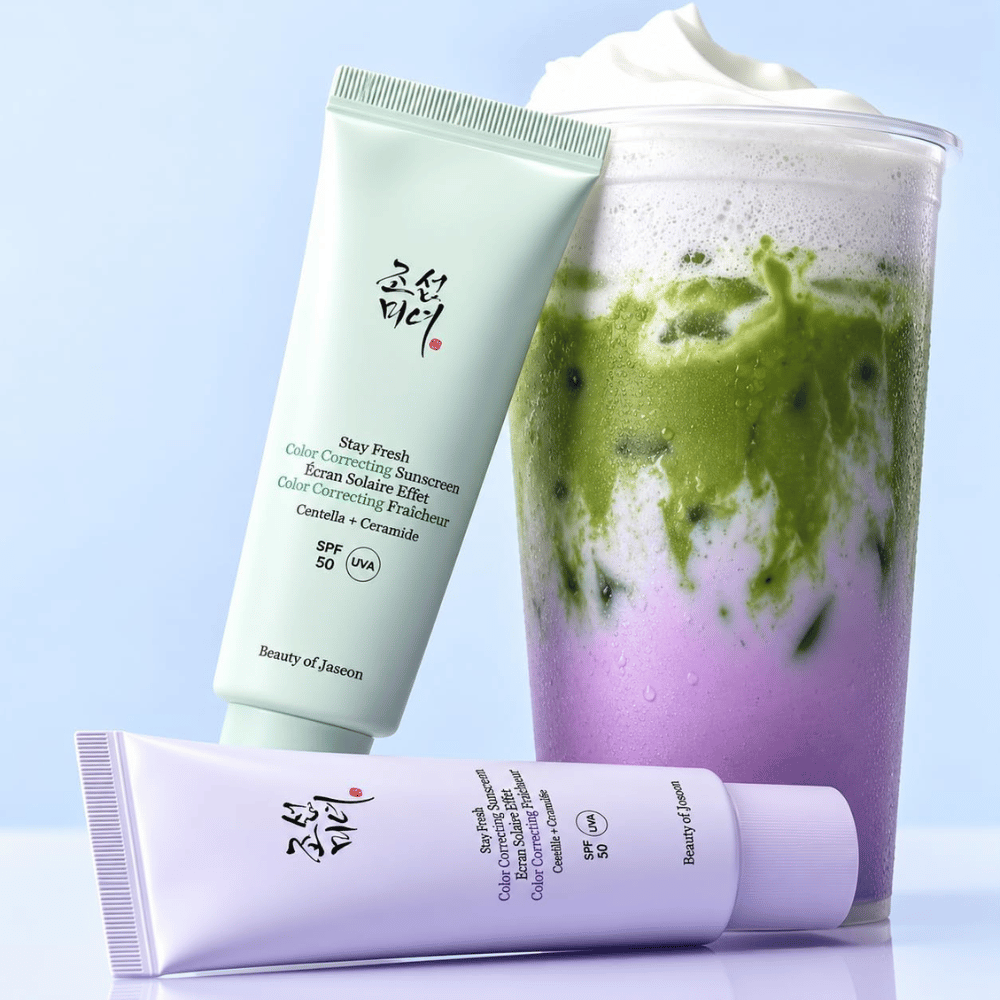 1. Beauty of Joseon Stay Fresh Color Correcting Sunscreen SPF 50 – zelena in vijolična krema za sončenje z usklajeno pijačo