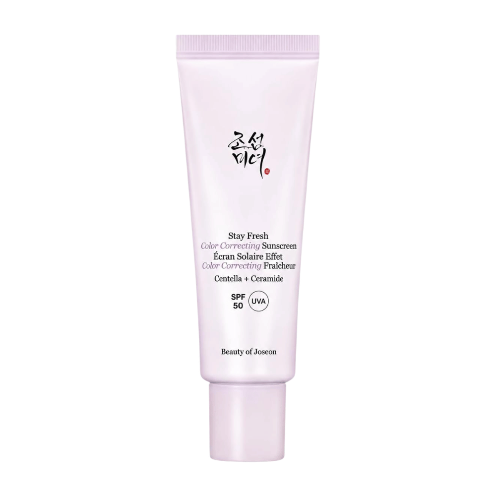 4. Beauty of Joseon Stay Fresh Color Correcting Sunscreen SPF 50 – vijolična barvno-korektivna krema za sončenje na belem ozadju