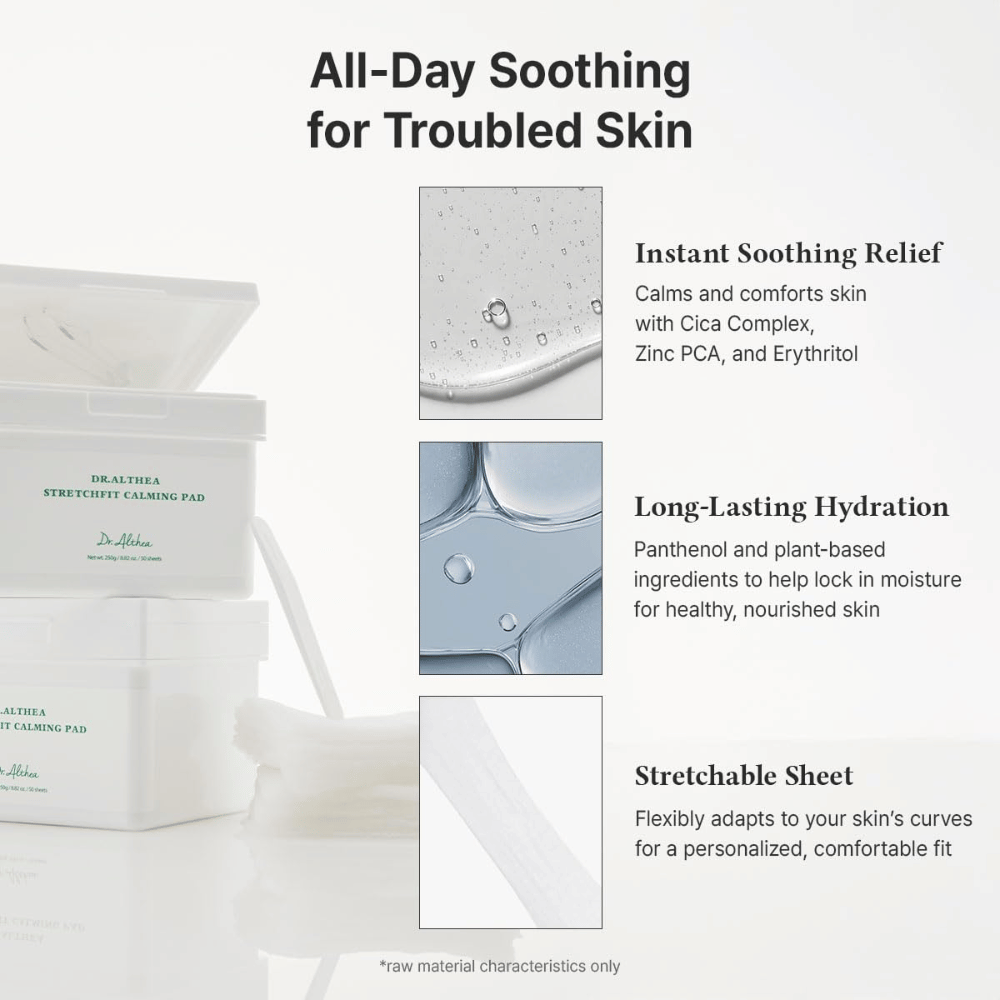 Slika – učinek / prednosti (konverzija)
Dr. Althea Stretchfit Calming Pad ki zagotavljajo dolgotrajno vlaženje, zmanjšujejo draženje in hladijo občutljivo kožo ves dan.