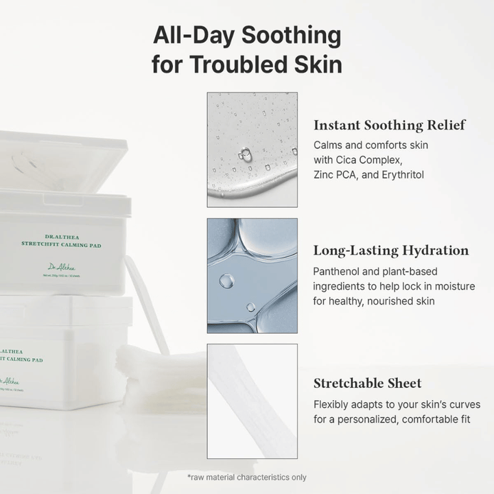 Slika – učinek / prednosti (konverzija)
Dr. Althea Stretchfit Calming Pad ki zagotavljajo dolgotrajno vlaženje, zmanjšujejo draženje in hladijo občutljivo kožo ves dan.