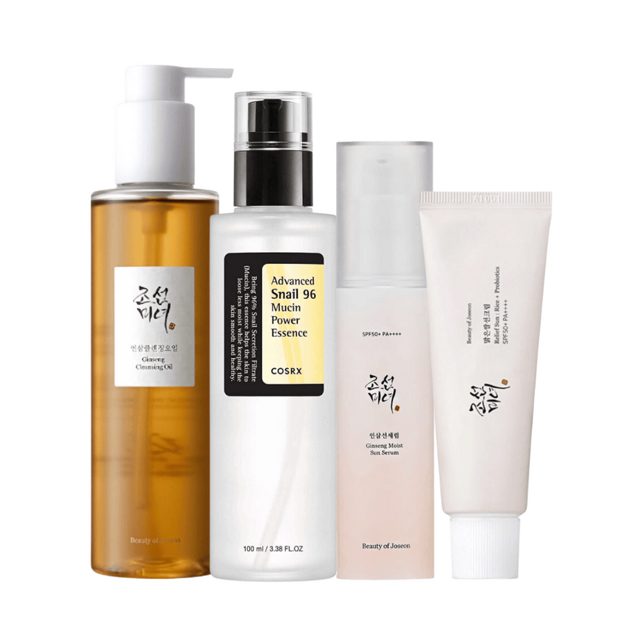 K-Beauty Summer Essentials Kit vsebuje esenco moči polža mucin in ginseng čistilno olje.