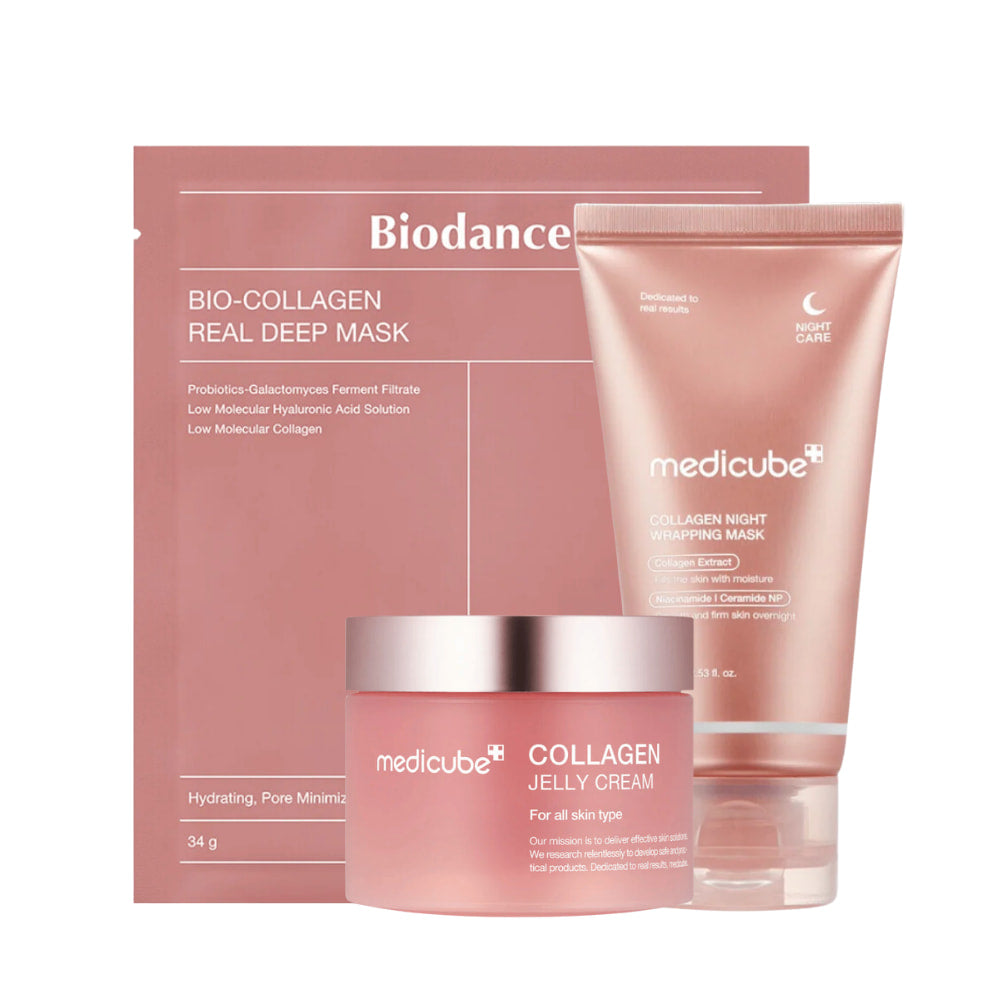 Komplet "Sweet Dreams Skincare" iz Medicube, zasnovan za izboljšanje čvrstosti in sijaja kože ponoči. Vključuje "Collagen Jelly Cream", "Collagen Night Wrapping Mask" in "Bio-Collagen Real Deep Mask". Ti izdelki so obogateni s kolagenom, probiotiki in hialuronsko kislino ter so namenjeni vlaženju in minimiziranju por, kar zagotavlja mehko in prožno kožo.