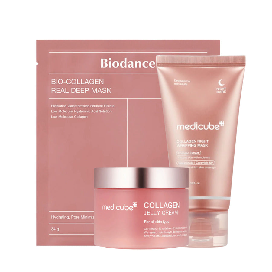 Komplet "Sweet Dreams Skincare" iz Medicube, zasnovan za izboljšanje čvrstosti in sijaja kože ponoči. Vključuje "Collagen Jelly Cream", "Collagen Night Wrapping Mask" in "Bio-Collagen Real Deep Mask". Ti izdelki so obogateni s kolagenom, probiotiki in hialuronsko kislino ter so namenjeni vlaženju in minimiziranju por, kar zagotavlja mehko in prožno kožo.