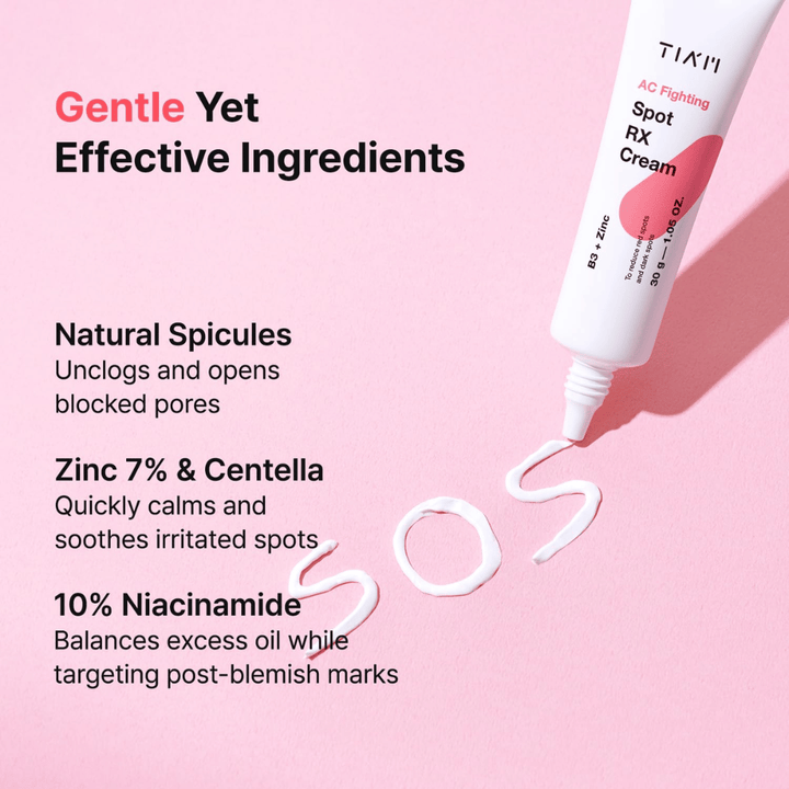 TIA'M AC Fighting Spot RX Cream s cinkom, niacinamidom in centello – pomirja, uravnava sebum in zmanjšuje rdeče lise.