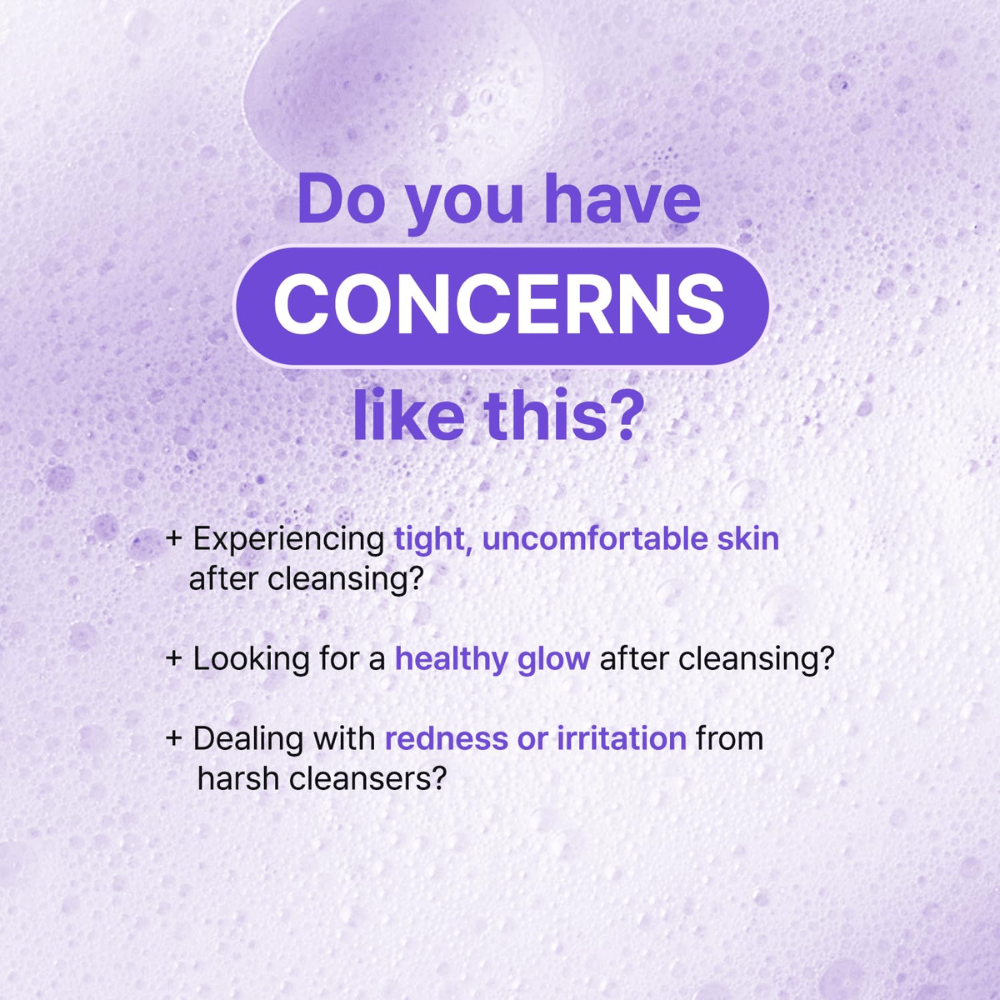 Ilustracija z vprašanji o težavah s kožo, kot so suhost, draženje in zategovanje po čiščenju, s poudarkom na pomirjujočem učinku TIA'M Snail & Azulene Low pH Cleanser.