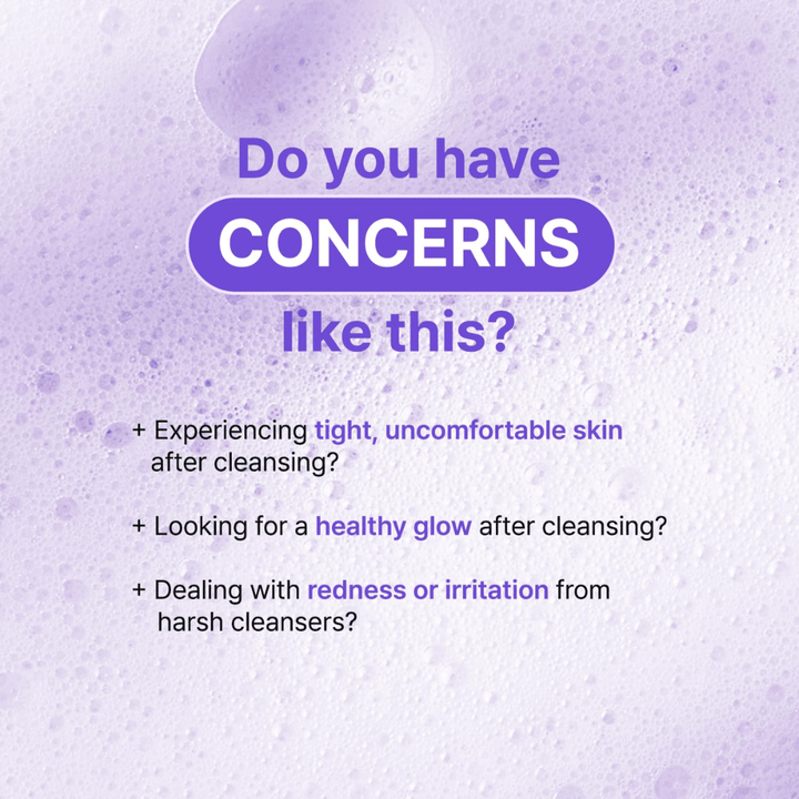 Ilustracija z vprašanji o težavah s kožo, kot so suhost, draženje in zategovanje po čiščenju, s poudarkom na pomirjujočem učinku TIA'M Snail & Azulene Low pH Cleanser.