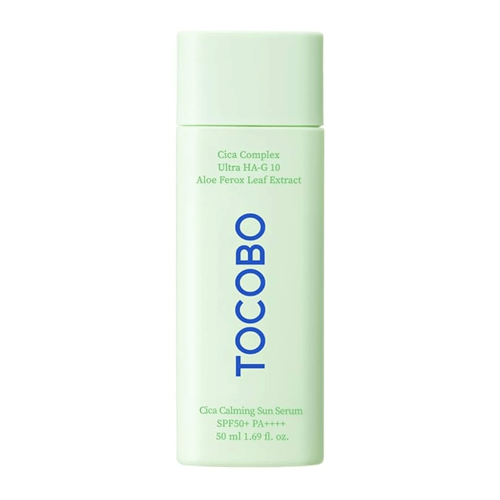 TOCOBO Cica Calming Sun Serum v mintzeleni steklenički z modrim besedilom, SPF50+ PA++++, 50 ml.