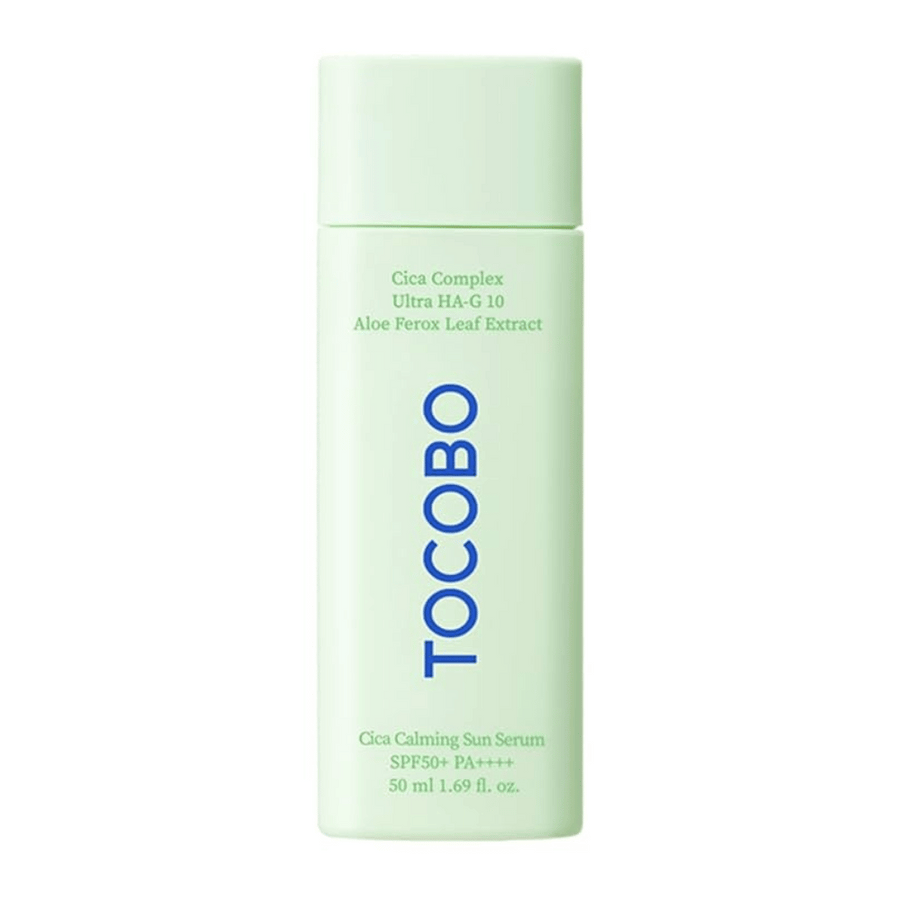 TOCOBO Cica Calming Sun Serum v mintzeleni steklenički z modrim besedilom, SPF50+ PA++++, 50 ml.