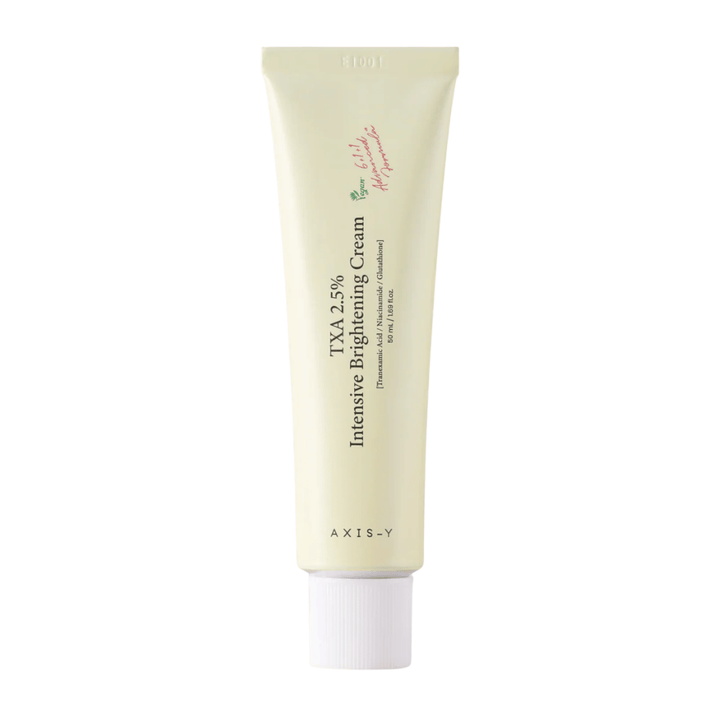 Čista produktna slika AXIS - Y TXA 2.5% Intensive Brightening Cream v pokončnem formatu s poudarkom na elegantnem dizajnu in konceptu posvetlitve.