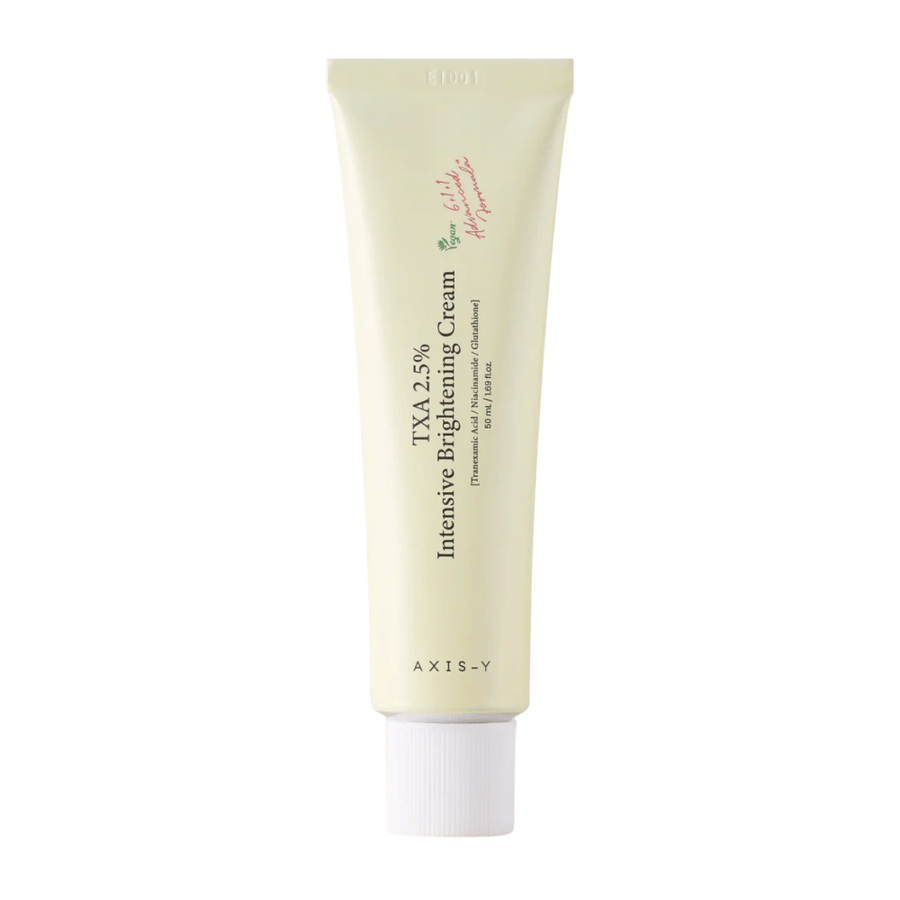 Čista produktna slika AXIS - Y TXA 2.5% Intensive Brightening Cream v pokončnem formatu s poudarkom na elegantnem dizajnu in konceptu posvetlitve.