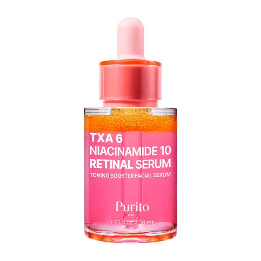 Slika izdelka Purito TXA 6 Niacinamide 10 Retinal Serum 30 ml. Tonirajoči booster serum, ki izboljša strukturo kože in sijaj.