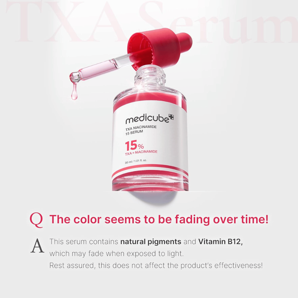 1. Medicube TXA Niacinamide 15 Serum 30 ml – serum s traneksamsko kislino in niacinamidom, pri katerem lahko barva zbledi zaradi izpostavljenosti svetlobi
