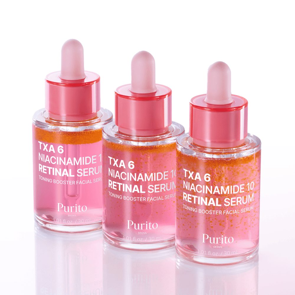 Tri stekleničke Purito TXA 6 Niacinamide 10 Retinal Serum. Serum za obraz, ki daje sijaj in enakomernost ter ima učinek proti staranju.