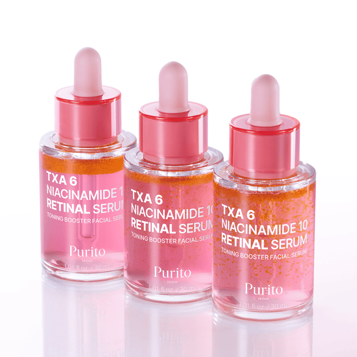 Tri stekleničke Purito TXA 6 Niacinamide 10 Retinal Serum. Serum za obraz, ki daje sijaj in enakomernost ter ima učinek proti staranju.