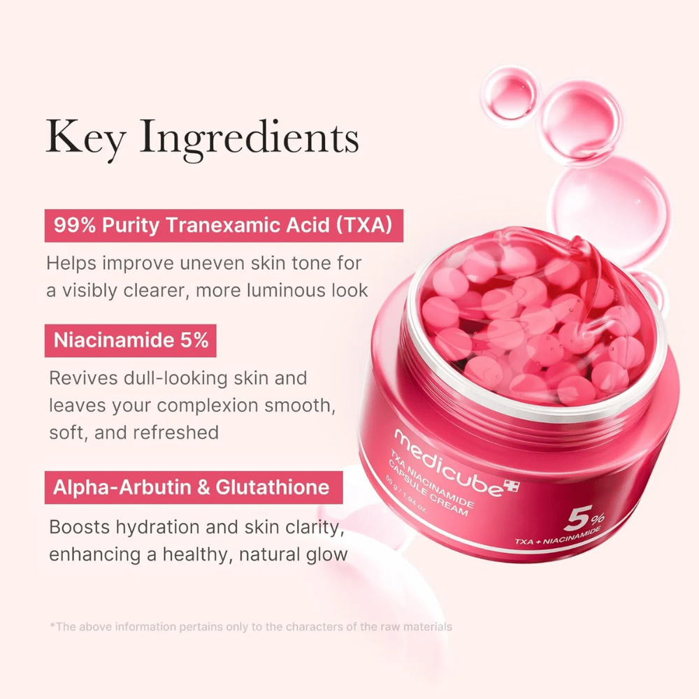 Povečava Medicube TXA Niacinamide Capsule Cream z rožnatimi kapsulami v lončku, skupaj z informacijami o ključnih sestavinah, kot so traneksamska kislina, niacinamid, alfa-arbutin in glutation.