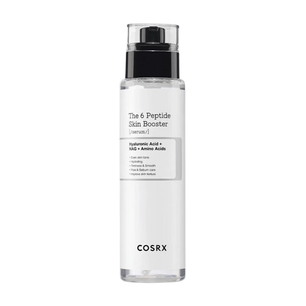 Steklenička z negovalnim serumom za kožo "The 6 Peptide Skin Booster" s hialuronsko kislino in aminokislinami iz COSRX.