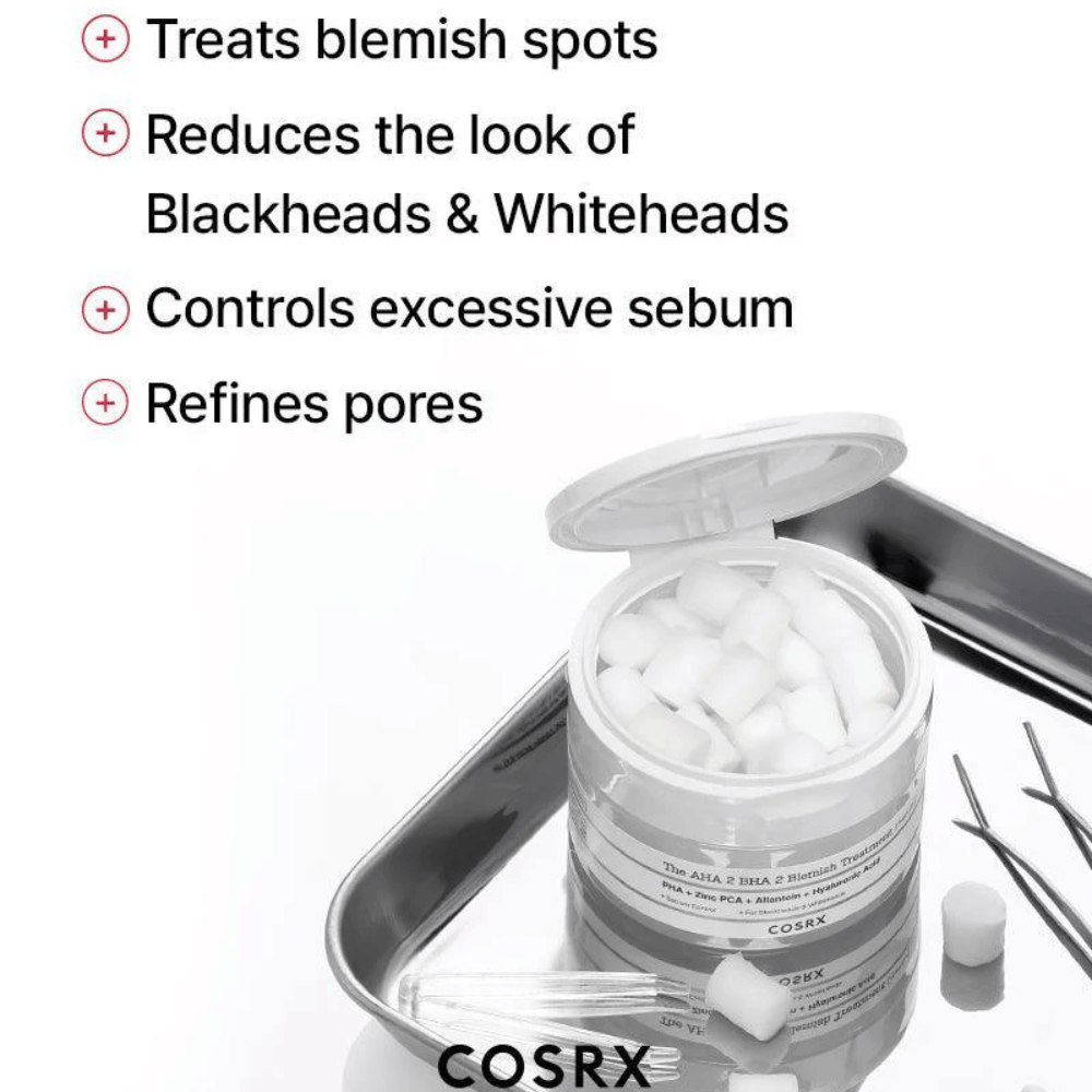 COSRX AHA 2 BHA 2 Blemish Treatment je učinkovit za zdravljenje mozoljev, zmanjšanje vidnosti ogrcev in belih ogrcev, nadzorovanje odvečnega sebuma in izboljšanje por. Popoln za jasnejšo kožo.