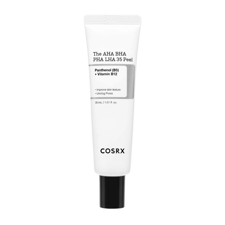 COSRX AHA BHA PHA LHA 35 Peel, eksfoliacijski izdelek s pantenolom (B5) in vitaminom B12. Izboljša teksturo kože in očisti zamašene pore. Vsebina: 30 ml.