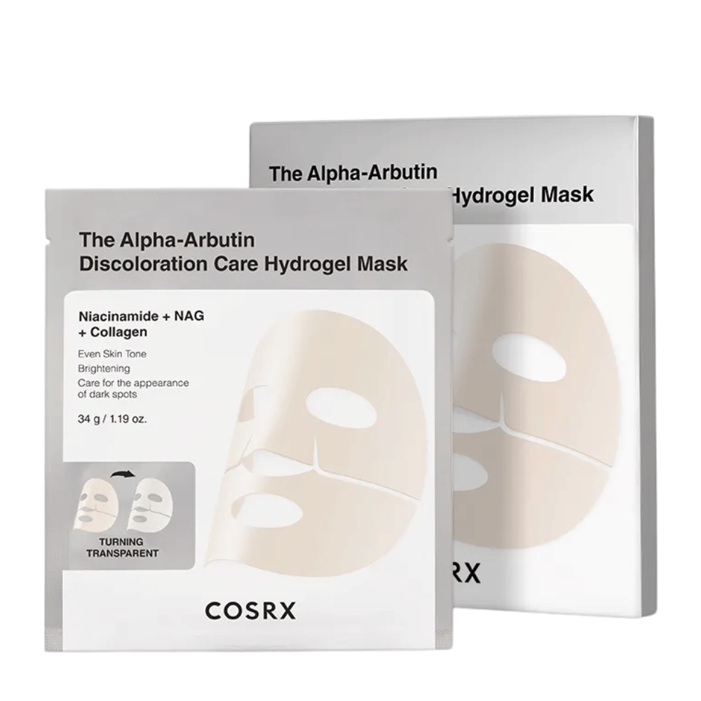 COSRX Alpha-Arbutin Discoloration Care Hydrogel Mask produktna slika – hidrogel sheet mask osredotočen na pigmentne lise, sijaj in izboljšano jasnost kože.