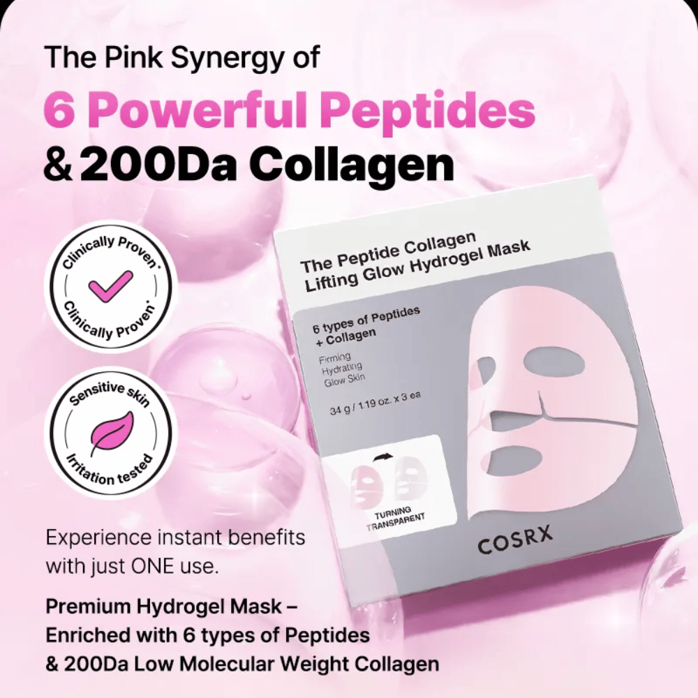 COSRX Peptide Collagen Mask – obogatena s 6 vrstami peptidov in kolagena, klinično testirana za občutljivo kožo.