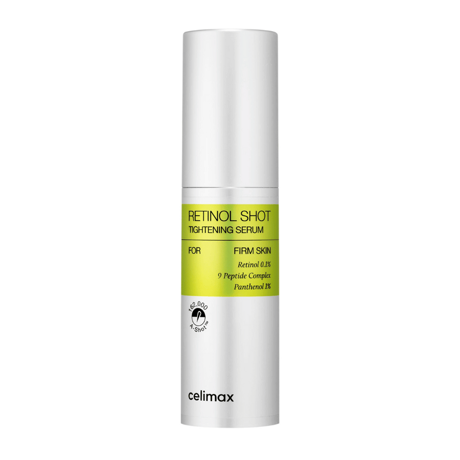 Celimax The Vita-A Retinol Shot Tightening Serum v srebrni pumpici z limetasto zeleno etiketo in črnim besedilom.