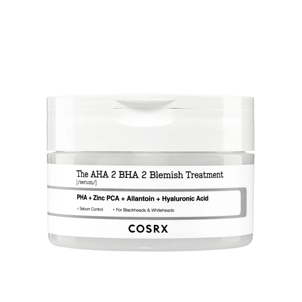 COSRX AHA 2 BHA 2 Blemish Treatment, serum s PHA, cink PCA, alantoinom in hialuronsko kislino. Zasnovan za nadzor nad proizvodnjo sebuma in preprečevanje ogrcev ter belih ogrcev. Popoln za izboljšanje jasnosti kože.