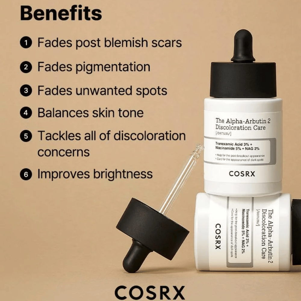 COSRX The Alpha-Arbutin 2 Discoloration Care Serum pomaga zmanjšati brazgotine po aknah, posvetliti pigmentne madeže, izenačiti ten kože in izboljšati sijaj kože. Vsebuje traneksamsko kislino, niacinamid in NAG za bolj jasno kožo.