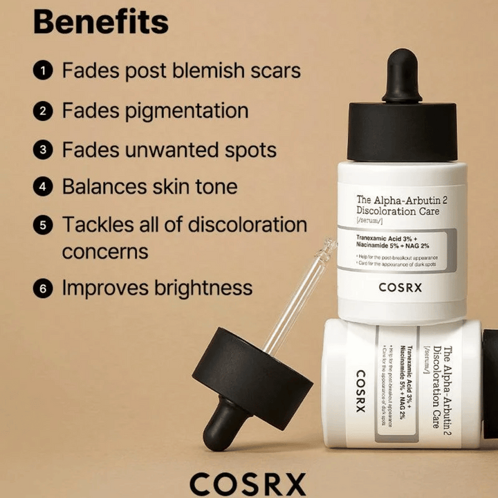 COSRX The Alpha-Arbutin 2 Discoloration Care Serum pomaga zmanjšati brazgotine po aknah, posvetliti pigmentne madeže, izenačiti ten kože in izboljšati sijaj kože. Vsebuje traneksamsko kislino, niacinamid in NAG za bolj jasno kožo.
