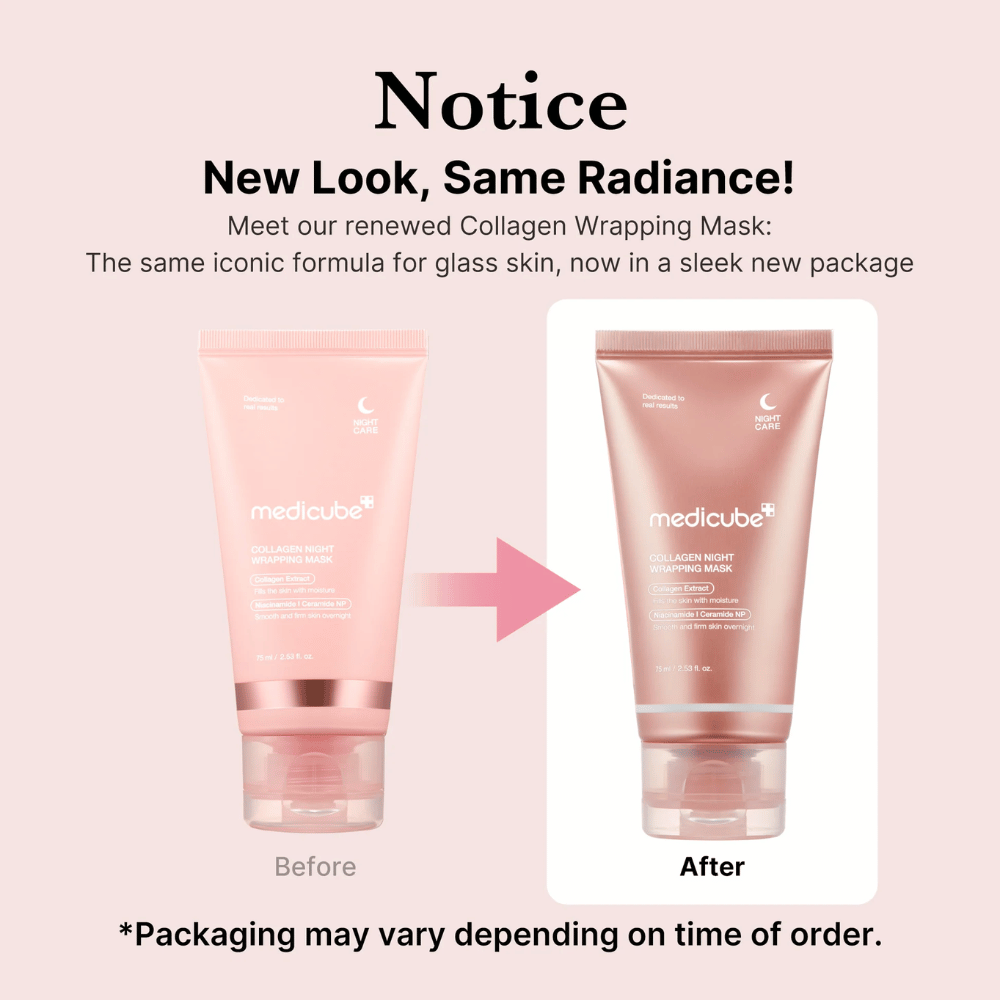 Nov videz, enaki sijajni rezultati! Medicube Collagen Wrapping Mask ima zdaj prenovljeno, elegantno embalažo, a ohranja svojo ikonično formulo za sijočo kožo. *Embalaža se lahko razlikuje glede na trenutek naročila.