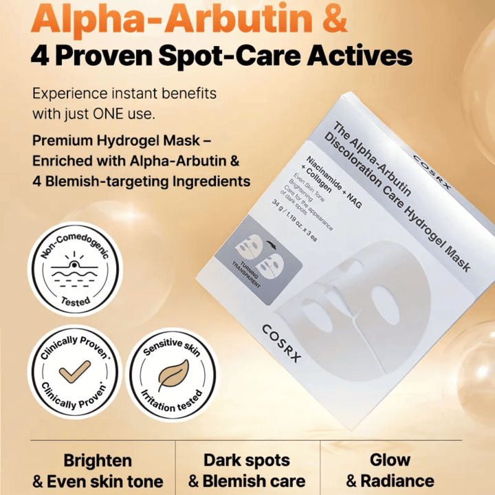 COSRX Alpha-Arbutin Discoloration Care Hydrogel Mask produktna slika – korejski sheet mask za pigmentacijo, sijaj in intenzivno vlaženje.