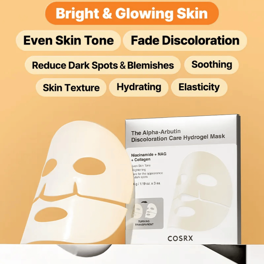 COSRX Alpha-Arbutin Hydrogel Mask – sheet mask ki daje sijaj, enakomeren ton kože, zmanjšuje temne lise in izboljšuje elastičnost kože.