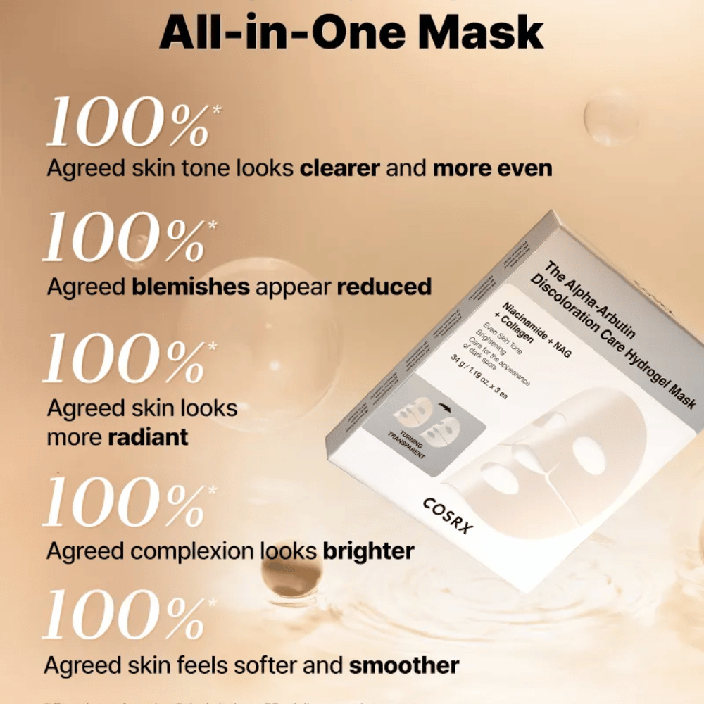 COSRX Alpha-Arbutin Discoloration Care Hydrogel Mask z embalažo – vse-v-enem sheet mask za sijaj, enakomeren ton kože in zmanjšano razbarvanje.