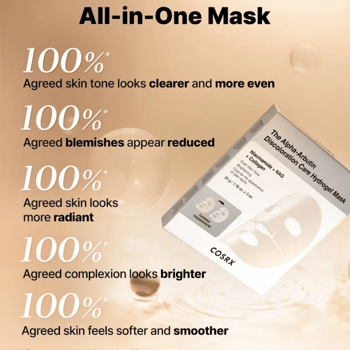 COSRX Alpha-Arbutin Discoloration Care Hydrogel Mask z embalažo – vse-v-enem sheet mask za sijaj, enakomeren ton kože in zmanjšano razbarvanje.